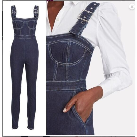 New WeWoreWhat Revolve Corset Overalls Stretch Denim Dark Wash Medium MSRP $198 - Picture 2 of 12
